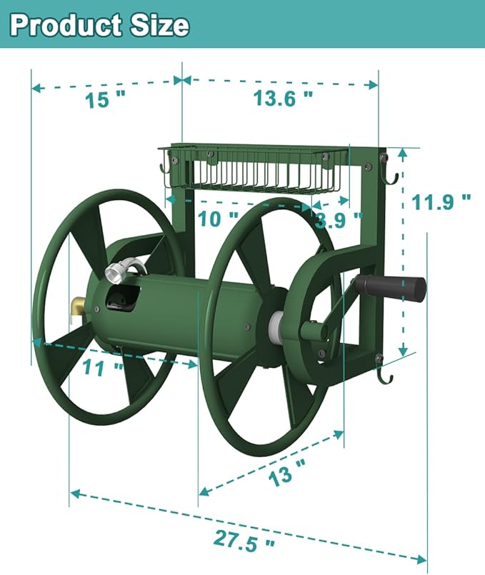 Artigarden Outdoor Wall Mounted Hose Reel with Hook, Garden Heavy-Duty Water Holder Winder with 3.9 ft Leader Hose, Brass Fitting and Storage Basket for Yard, Holds 125 Ft of 5/8-Inch Hoses, Green