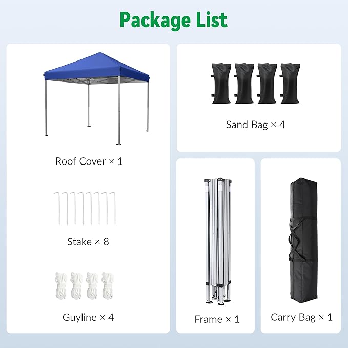 Driftalia 10x10 Pop Up Canopy Tent, Instant Setup Portable Canopy with Carry Bag, 4 Sandbags and 8 Stakes for Outdoor Events, Parties & Camping - Blue