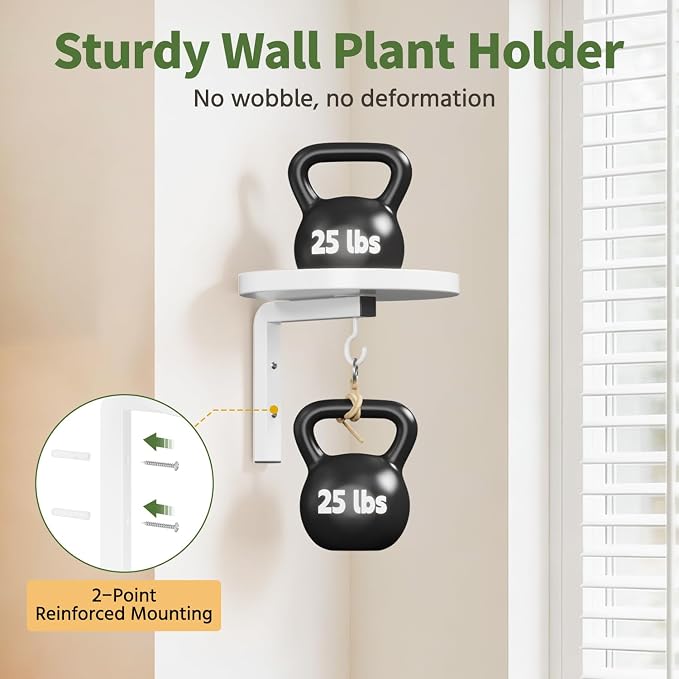 LASZOLA Plant Hangers Holder Wall Mounted Indoor, Metal Window Plant Shelves, 2Pcs Modern Floating Flower Display Stand with 2 Hooks for Outdoor Kitchen Bathroom Decor, White