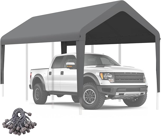 Carport Canopy 10'x20' Heavy Duty Replacement Cover, Garage Shelter Cover 800D Oxford Waterproof & UV Protected Tarp with Ball Bungees, Not Include Frame（Gray）