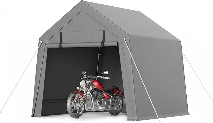 GarveeHome 6 x 6 Ft Carport Storage Shed, Portable Garage with Roll-Up Zipper Door, Heavy Duty Waterproof Tarp, Storage for Motorcycle, Bike, Firewood, Garden Tools, Grey