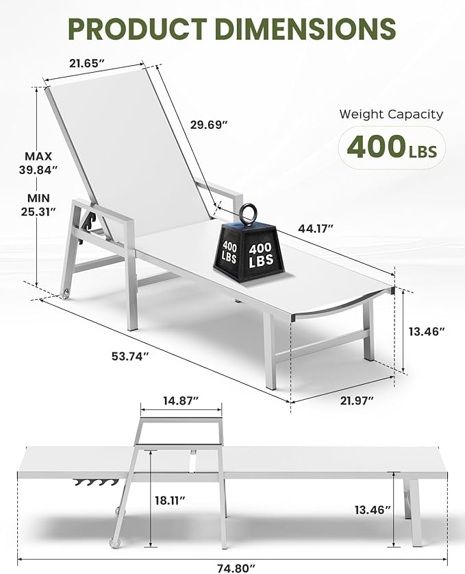 Patio Chaise Lounge Chair Outdoor Set of 2 with Wheels&Armrests, Aluminum Pool Lounge Chairs Five-Position Adjustable Recliner, Outdoor Beach Lounge Chairs for Poolside, Patio, Deck, Yard, White