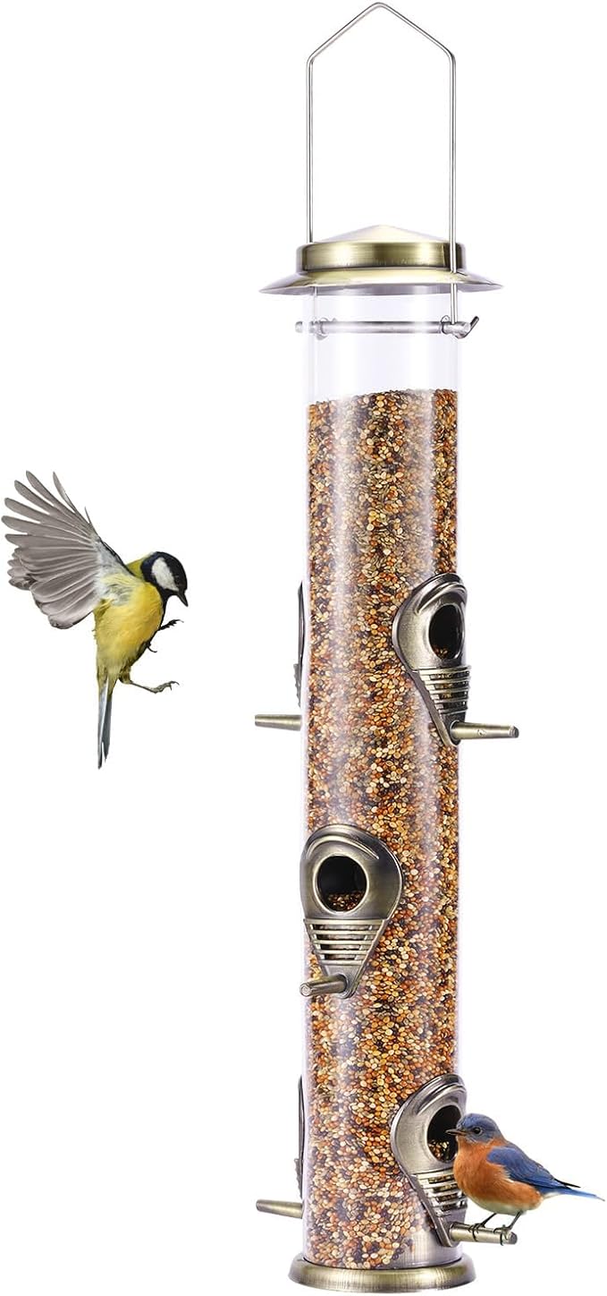 ERYTLLY Metal Bird Feeders 6 Port Tube Bird Feeder for Wild Birds, 1.4mm Extra Thick Solid Tube Transparent with Metal Lid for Outside