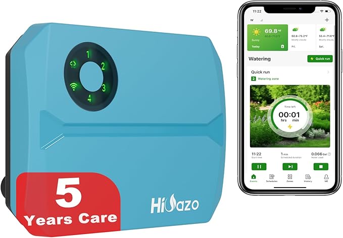 Smart Sprinklers Controller WiFi, Irrigation Controller Easy Use App Enabled, 4 Zone + 16 Plans, Save Water Auto Skip Rain, Freeze & Wind, 10 Minutes Install
