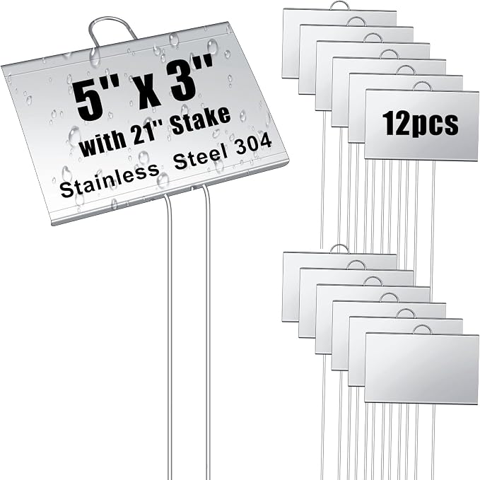 Landhoow 12 Pcs Large Garden Plant Markers Metal Plant Labels Sign 5'' x 3'' with 21'' Stake Weatherproof Waterproof Garden Sign for Outdoor Seedlings Herbs Vegetable Greenhouse, Silver