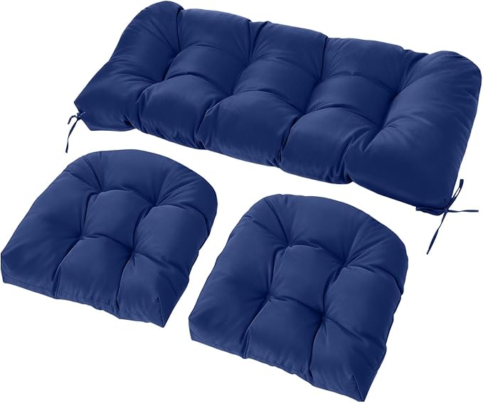 Wicker Chair Cushions Set, 2 U-Shaped Cushions & 1 Loveseat, Waterproof Outdoor Loveseat Cushion for Patio Furniture, Settee Bench Pad All Weather,Navy Blue
