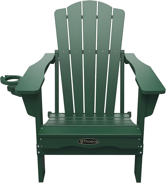 THOEOE Folding Adirondack Chair Set of 2, HDPE All-Weather Outdoor Chair with Cup Holder, Wooden Textured, Fire Pit Chair, Plastic Patio Chair for Deck, Backyard, Garden, Lawn, Green