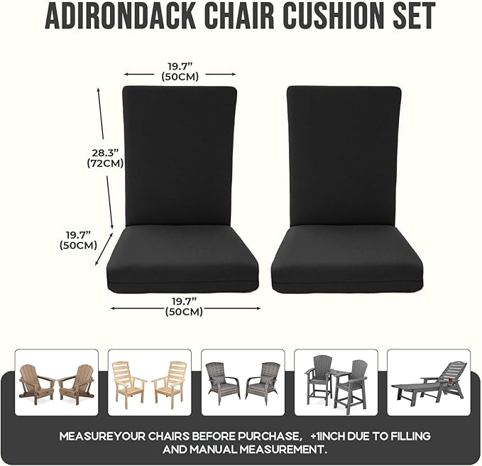 Adirondack Chair Cushions, Waterproof & Fade-Resistant Outdoor Rocking Chair Cushion Set, Removable Seat Pads with Ties for High Back Dining or Patio Chairs, Black