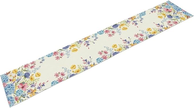 Spring Floral Table Runner, Seasonal Blue Hydrangea Flower Boho Watercolor Summer Farmhouse Country Rustic Table Center Decor for Family Kitchen and Dining Party Table Decorations, 13"x36"