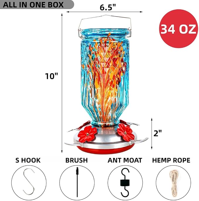 Hand Blown Glass Hummingbird Feeder for Outdoors Hanging Round Chaning Color 32 OZ Large Humming Birds Feeders with Accessories Gift for Women Mom (Blue)