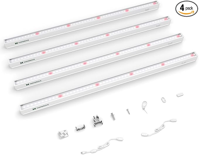 Maygrove T5 Grow Lights for Indoor Plants 2FT, Red-Enhanced Full Spectrum 5000K Grow Light, 60W(4 x 15W), Grow Light Strips for Seed Starting, Greenhouse, High PPFD, Linkable, White, 4-Pack