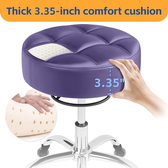 YEEZEE Heavy Duty 400lb Rolling Stool: Super Soft Leather Seat Cushion, 360 Swivel, Height Adjustable, No Squeak, No Tip Over, Salon & Spa Stool, Purple