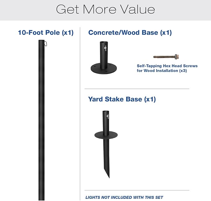 EXCELLO GLOBAL PRODUCTS Bistro String Light Poles - 1 Pack - Extends to 10 Feet - Universal Mounting Options Included