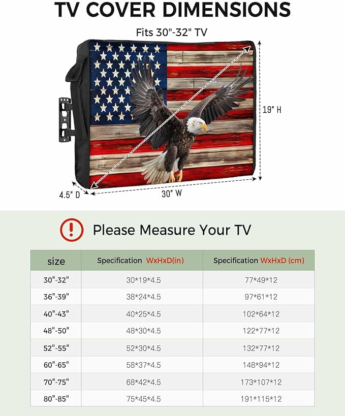 DecorLovee Retro American Flag Outdoor TV Cover 30 to 32 Inches Weatherproof & Waterproof, Blue Red USA Flag Outdoor TV Enclosure with Remote Control Pocket, Eagle TV Screen Protectors for Outside TV