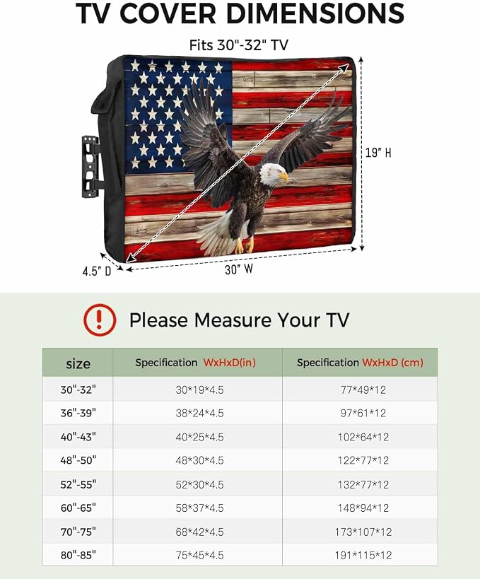 DecorLovee Retro American Flag Outdoor TV Cover 40 to 43 Inches Weatherproof & Waterproof, Blue Red USA Flag Outdoor TV Enclosure with Remote Control Pocket, Eagle TV Screen Protectors for Outside TV