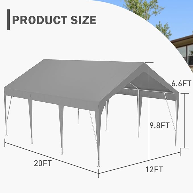 Carport Canopy 12'x20' Heavy Duty Car Canopy Outdoor Storage Shed UV Resistant Waterproof Portable Garage for Car, Party, Grey