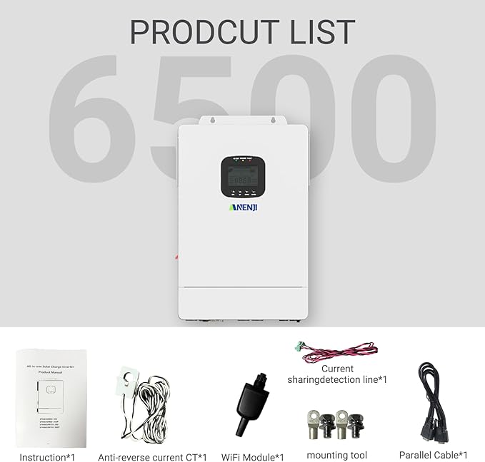 6500W Hybrid Solar Inverter 48V,Dual MPPT,300V 60A Charger,Split Phase 120V,Support Parallel Pure Sine Wave Off-Grid+On-Grid Inverter for Home Loads,Lead Acid/Lithium Battery Compatible
