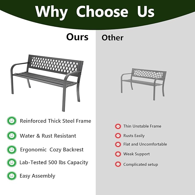 Outdoor Bench, Garden Patio Park Entryway Metal Bench with Comfortable Backrest, Sturdy Heavy Duty Loveseat Front Porch Backyard Lawn Furniture for Outside