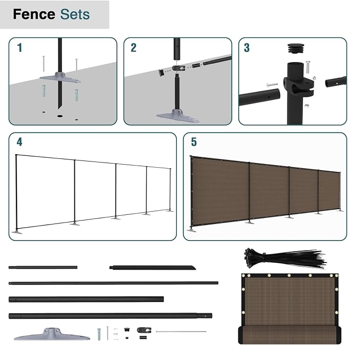 ECOOPTS Privacy Fence Set with Poles and Rails Ground Spikes Fence Kit for Garden Patio Pool Yard (5'Hx12'L, Brown)