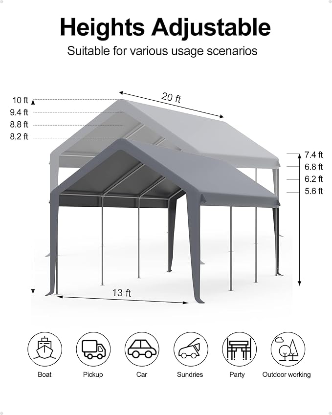 10x20 ft Heavy Duty Carport Replacement Canopy Cover, Waterproof Outdoor Garage Top Tent for Cars/Trucks/Boats, UV-Resistant & Wind-Resistant (Top Cover ONLY, Frame Not Included)