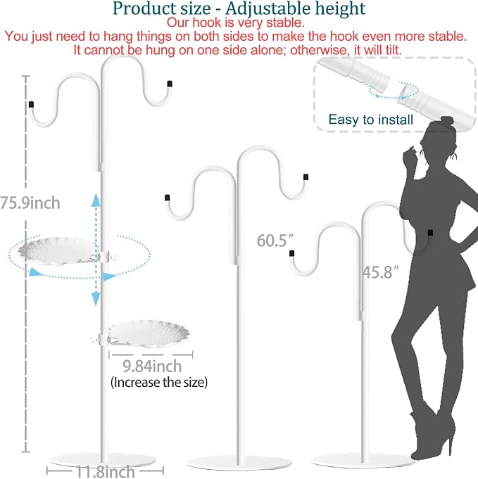 Upgraded 74" Shepherd's Hook Stand Plant，Bird Feeder，White Wind Chime Hanger Stand, Waterproof Metal & Adjustable-Height Standing Pole Holder for Wreath, Indoor & Outdoor（2 Placement Racks