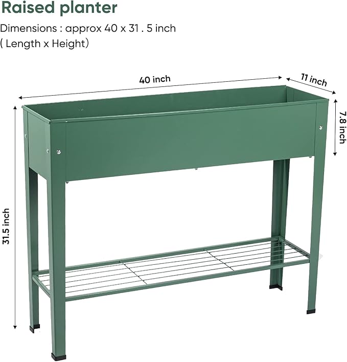 Raised Garden Bed, Elevated Green Metal Plant Box with Legs, Standing Garden Stand with Drainage Holes (40" L x 11" W x 31" H)