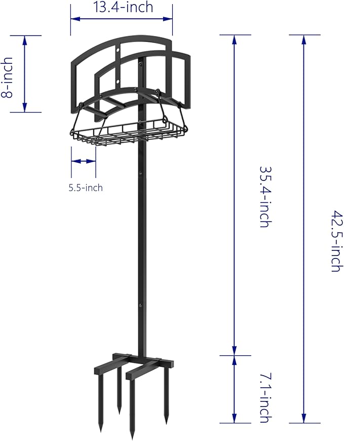 Garden Hose Holder with Storage Basket - Heavy-Duty Freestanding Hose Organizer, Black Powder-Coated, Detachable Design Holds 150FT Hose, Includes Assembly Tools for Lawn, Yard, and Garden