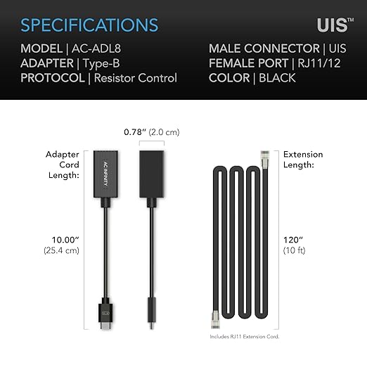 AC Infinity RJ11/12 to UIS Port Type-B Adapter Dongle, Conversion Cable Cord with Extension Cable for RJ11 RJ12 Grow Lights with Resistor Dimming (Pack of 2)