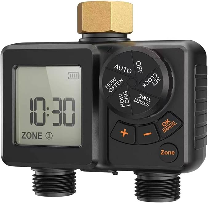 Sprinkler Timer 2 Zone,Water Timer for Garden Hose with Lithium Battery ＆ Controller Brass Inlet, Delay/Manual/Automatic Watering Irrigation System for Yard, Lawn,Garden IPX6 Waterproof