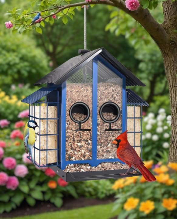 Weatherproof Bird Feeders for Outdoors - 4Lbs Large Metal Suet Feeder for Cardinal Finch, Garden Decor (Ordinary Blue)