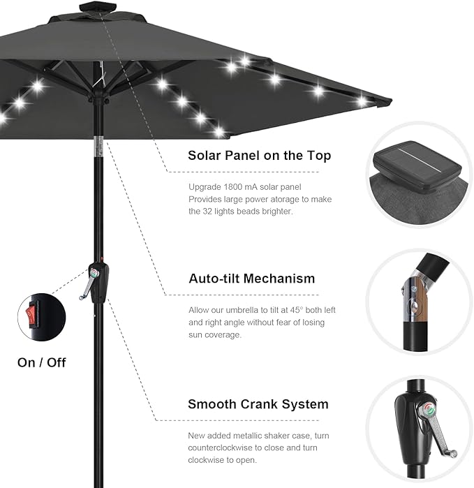 ABCCANOPY Durable Solar Led Patio Umbrellas with 24LED Lights 7.5FT (Dark Gray)