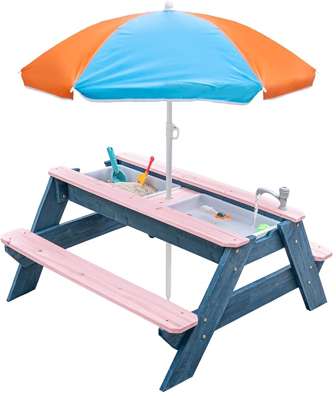 Kids 3-in-1 Sand & Water Table, Wood Outdoor Convertible Picnic Table w/Umbrella, 2 Trays, Removable Top with Faucet, Picnic Table for Outdoor Playset (Pink/Orange)