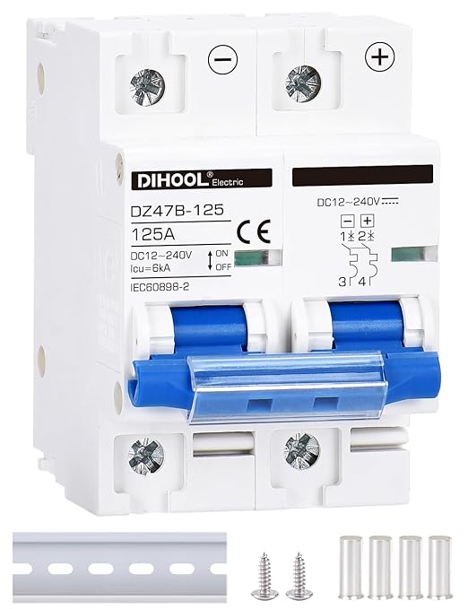 DIHOOL DC Circuit Breaker,125A 2 Pole,12V to 240 Volt Solar Disconnect Switch,DIN Rail Mount