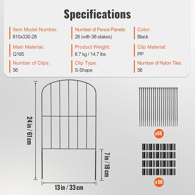 VEVOR Decorative Garden Fence 28 Pack, No Dig Fence 24in(H) x30ft(L) Animal Barrier Fence, Underground Garden Fencing with 2 inch Spike Spacing, Metal Dog Fence for The Yard and Outdoor Patio