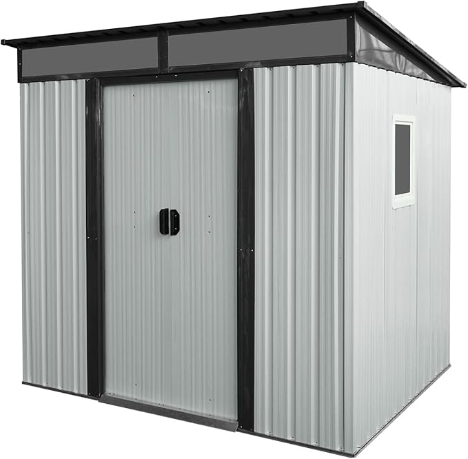 6FT x 5FT Outdoor Storage Shed, Heavy Duty Galvanized Steel Garden Shed with Sloped Roof, Sliding Lockable Doors, Punched Vents & Foundation Kit, Weather Resistant Tool Shed, White+Black with Window