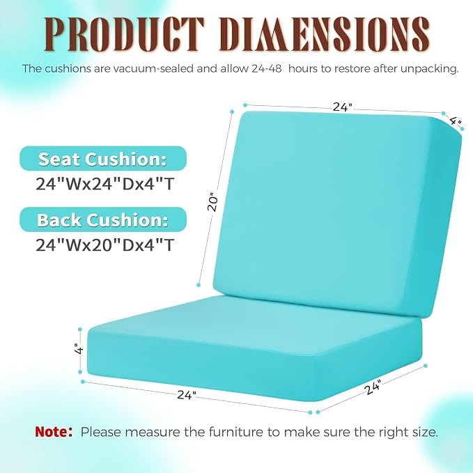 Deep Seat Patio Cushions Set of 2, 24x24 Inch Waterproof & Fade Resistant Outdoor Chair Cushions, Thick Padded Replacement Sofa Cushions for Garden Yard Furniture