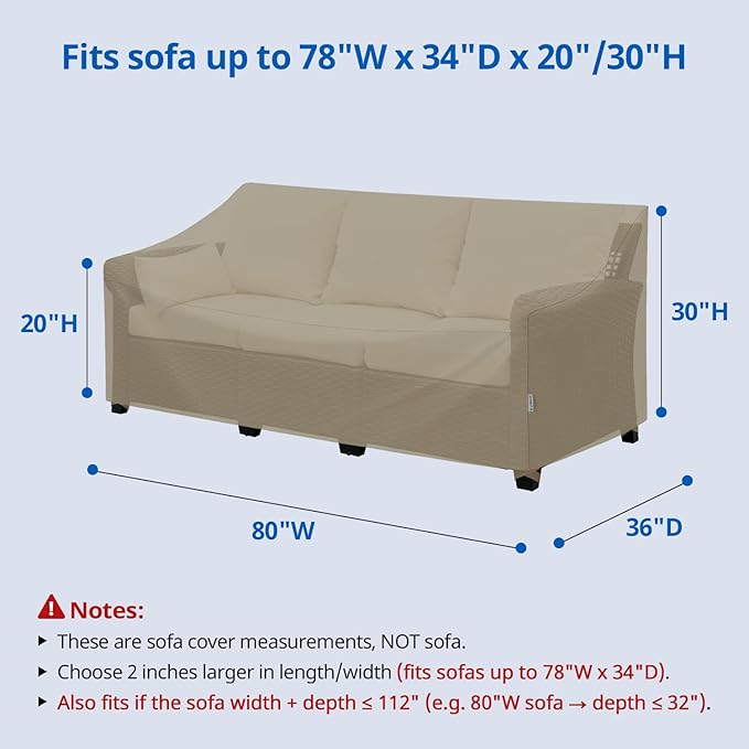 SunPatio Outdoor Couch Cover 80 Inch, Heavy Duty Waterproof 3-Seater Patio Sofa Cover with Seam Taped, Fade & Wind & Rip Resistant, 80" W x 36" D x 30" H, Taupe