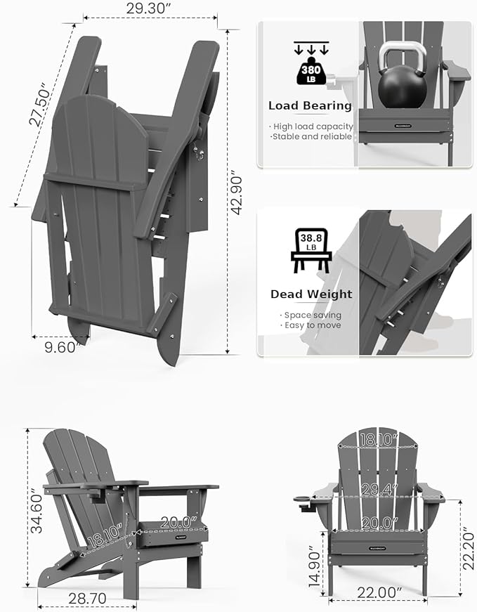 MUCHENGHY Folding Adirondack Chairs Set of 4, Hdpe Fire Pit Chairs, Outdoor Chairs, Plastic Adirondack Chairs, Lawn Chairs Weather Resistant with Cup Holder for Deck, Backyard, Garden(Gray)