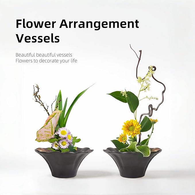 Japanese Ceramic Ikebana Kit, Floral Shaped Vase Arranging Supplies, Black Arrangement Bowl with Flower Frog Pin Cleaning Needle (High)