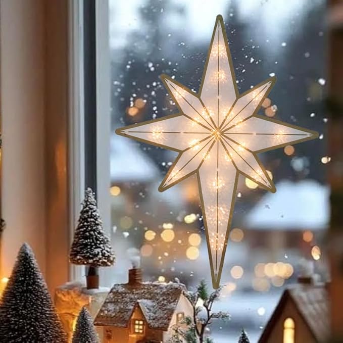 17'' Merry Christmas Lighted Sign - Bethlehem Star Window Silhouette Lights with 20 LEDs, Double-Sided 3D Holiday Decoration for Christmas Window & Home Display