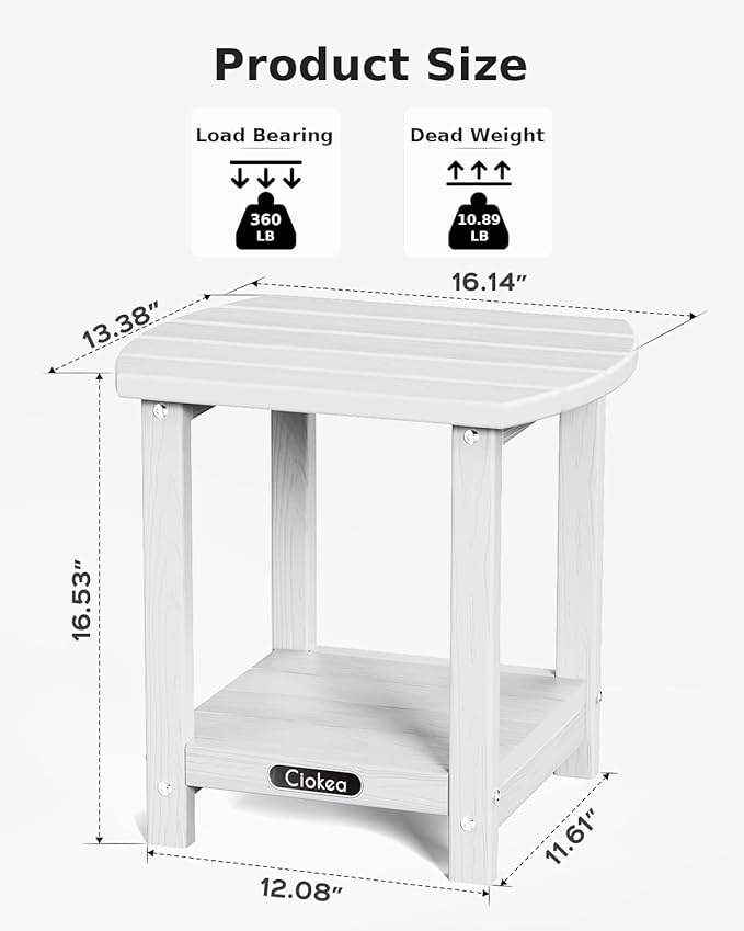 Ciokea Adirondack Outdoor Side Table, 2-Tier Sturdy Patio End Table Weather Resistant, Morden Side Table for Patio, Pool, Porch, White