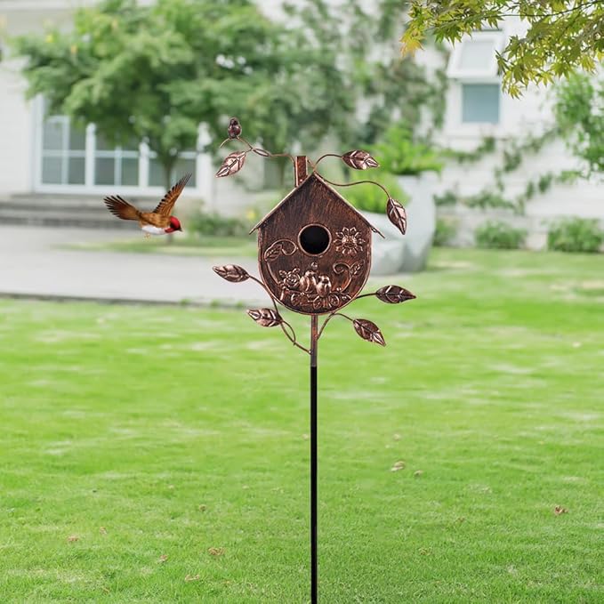 DREAMSOUL 48" Bronze Bird Houses for Outside Decorative Metal Birdhouse, Vintage Bird House Pole with 1.6" Entrance Hole for Patio, Yard, Garden