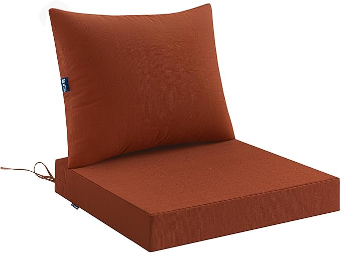MIULEE Burnt Orange Outdoor Seat Cushion Set 24x24 Inch Linen Textured Waterproof & 3 Year Color Fastness Seat and Back Cushion with Ties No Slip Design for Patio Furniture Chair Sofa Couch