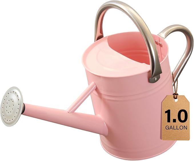 Watering Can for Outdoor&Indoor Plants，1 Gallon Metal Watering Can with with Removable Spout，Galvanized Steel Garden Flower Water Can Plant Watering Pot with 2 Handles,Pink