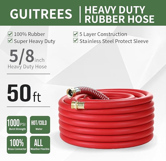 Guitrees 50FT 5/8 Heavy Duty Rubber Garden Hose - 300psi Working, 1000psi Burst - Hot/Cold Water - Five-Layered Braiding for Durability - Versatile for Gardening, Agriculture, Construction(Red)