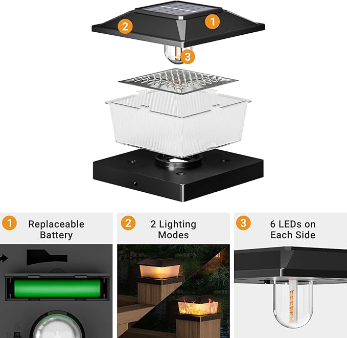 btfarm 4x4 Solar Flame Post Cap Lights Outdoor, 4 Pack Flickering Flame Fence Deck Post Lights, Waterproof Solar Powered Lighting Outside Fit 4x4 3.5x3.5 Wooden/Vinyl for Porch Patio Garden, Black Cap