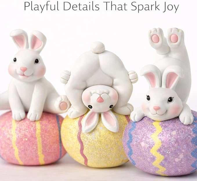 GoGnome Easter Decoration Indoor, Set of 3 Resin Easter Bunny Figurines on Pastel Eggs – 6.5''H Playful Rabbit Spring Decor for Shelf, Mantel & Tabletop (Pink/Yellow/Purple)