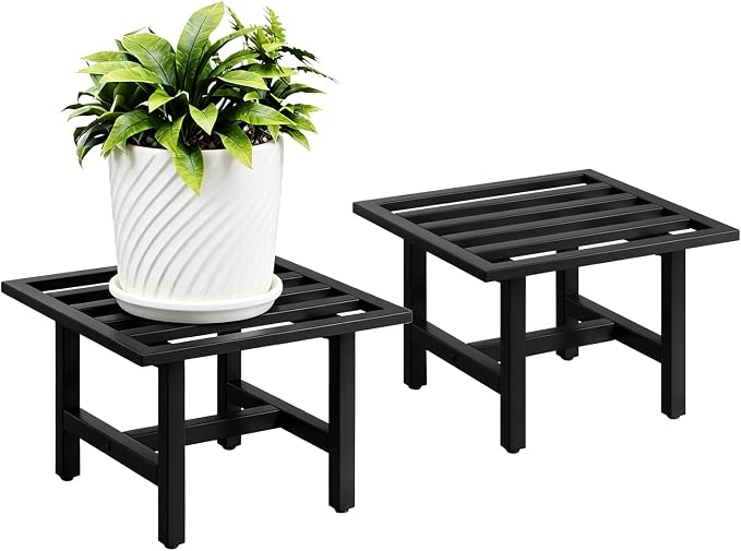 Heavy Duty Metal Plant Stand Outdoor, 330 lbs Wrought Iron Square Plant Stand Indoor, Rustproof Low Pedestal for Large Flower Pots, Patio, Balcony, Garden Decor 2 Pack Black