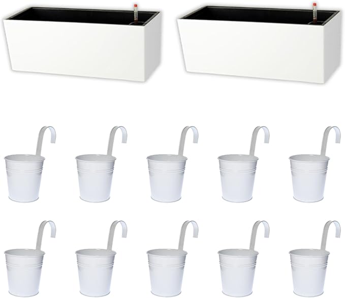 LaLaGreen Bundle- 10 Pack, 4 Inch White Metal Pot + 2 Pack, 14 Inch Rectangular Self Watering Pot with Bracket Hanging Outdoor Deck Railings Fence Window Flower Boxes Balcony Patio Modern Garden Decor