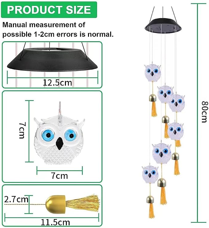 Cute Solar Owl Wind Chime Decorative Light，Animal Wind Chimes with Bells， A Gift for Friends with Movable LED Colorful Outdoor Decorative Lights.